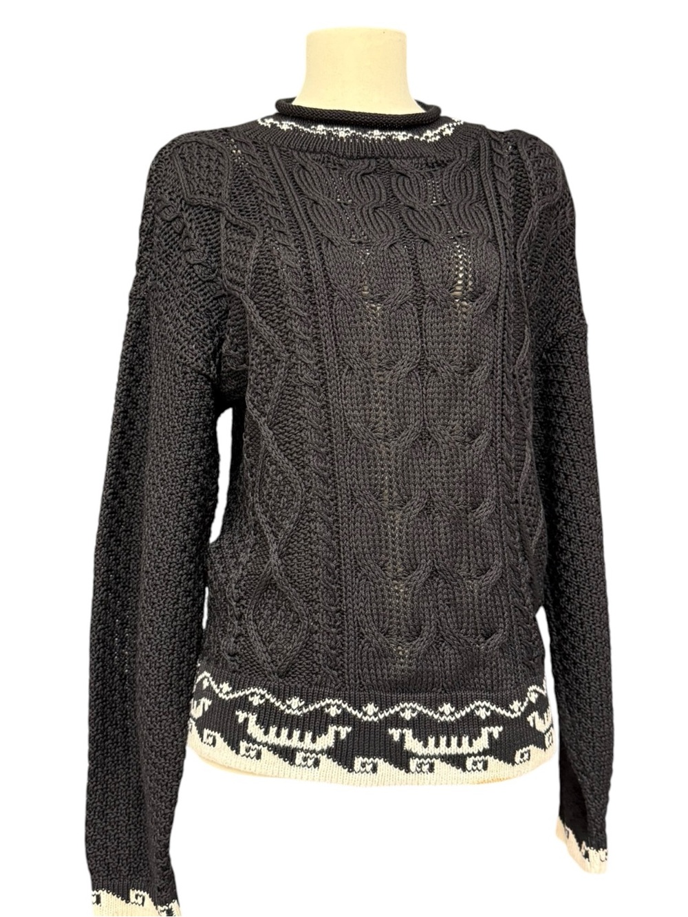 Vintage British Passages Black Cable Knit Sweater Fair Isle Trim Medium - Picture 12 of 12